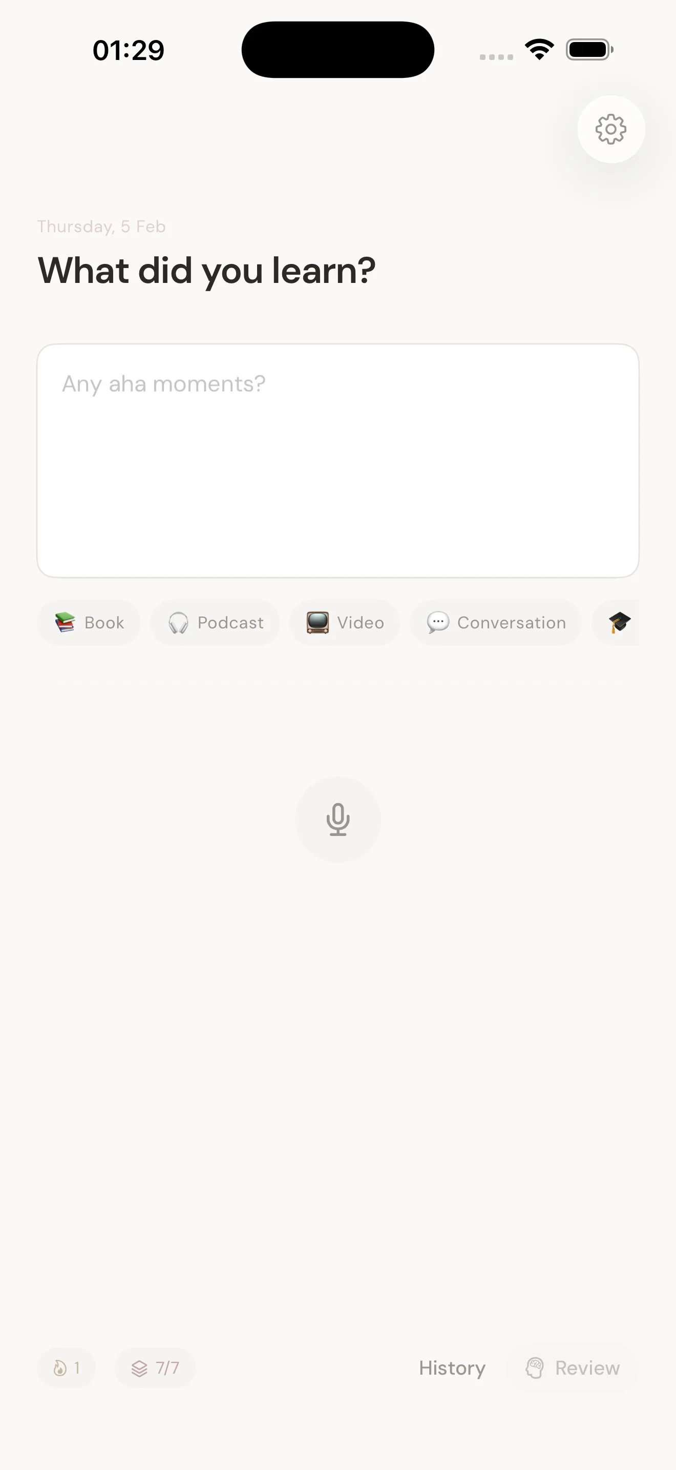 LearnLog app showing the daily learning input screen